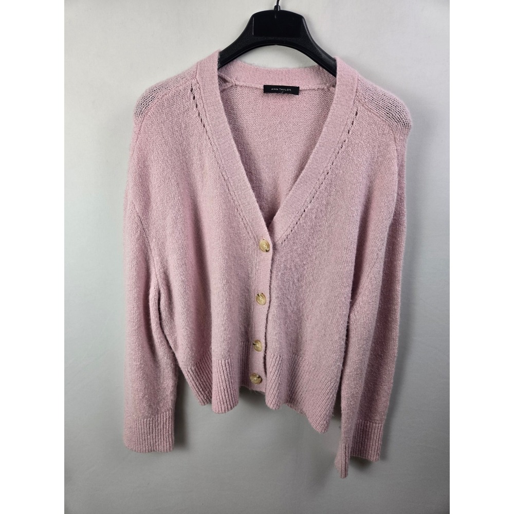 Ann Taylor Cardigan Sweater Womens Large Pink V-Neck Button Front Knit Soft